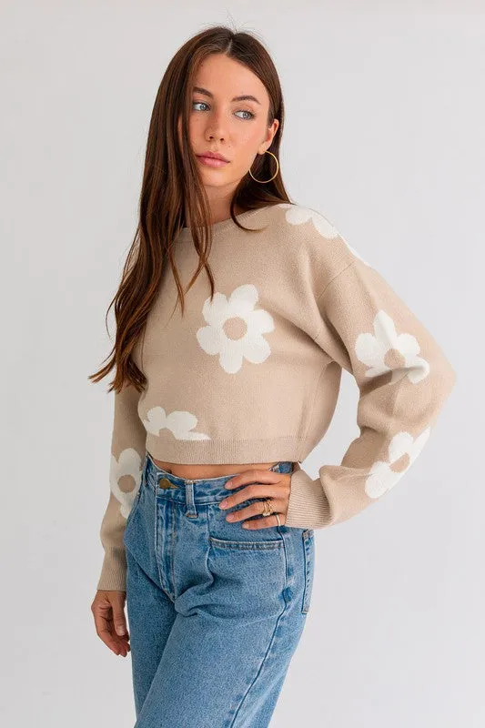 Long Sleeve Crop Sweater with Daisy Pattern  * Online Only*