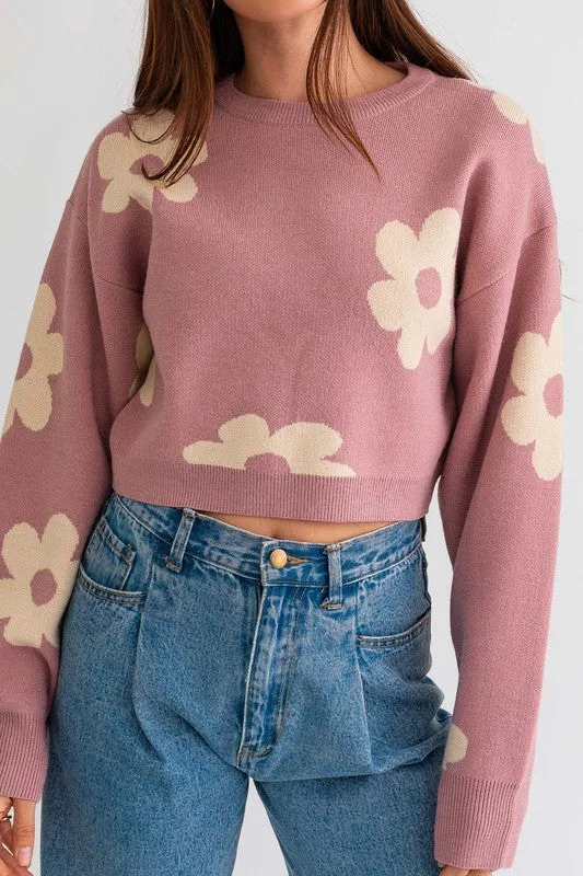 Long Sleeve Crop Sweater with Daisy Pattern  * Online Only*