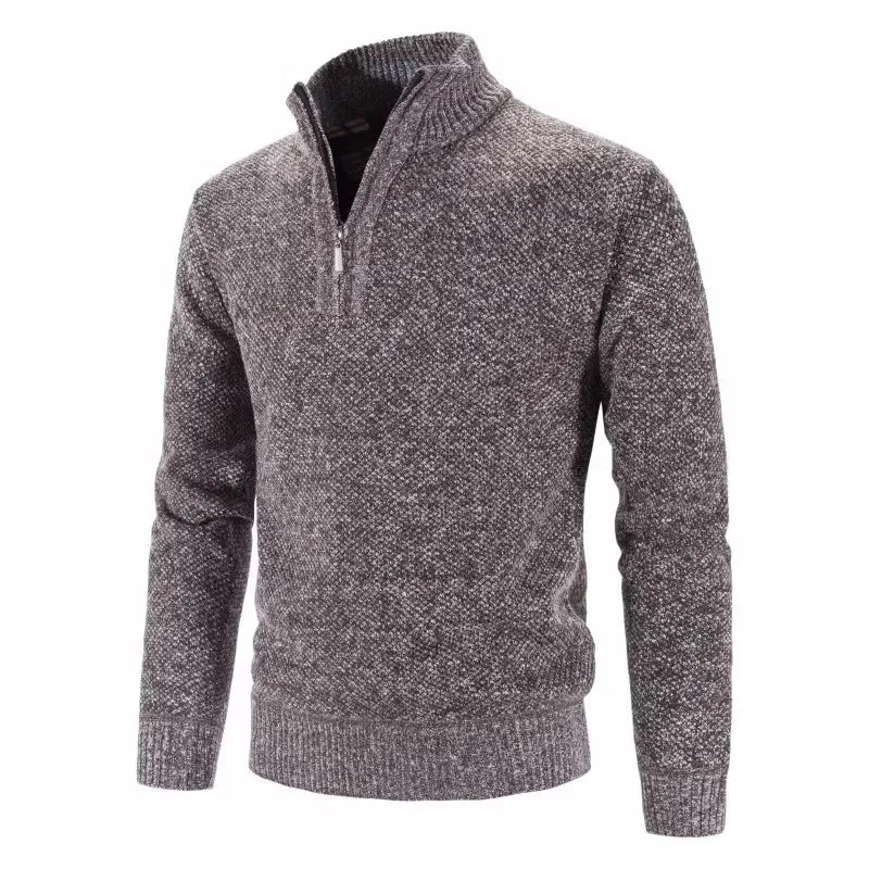 Long Sleeve Knitted Sweater Men Pullovers Solid Color Zipper Mock Neck Slim Fit Knit Pullovers Casual Sweater