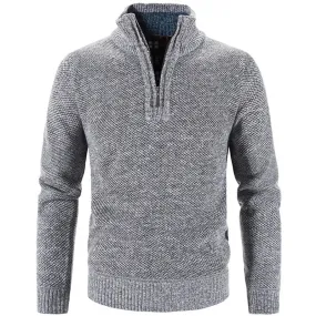 Long Sleeve Knitted Sweater Men Pullovers Solid Color Zipper Mock Neck Slim Fit Knit Pullovers Casual Sweater