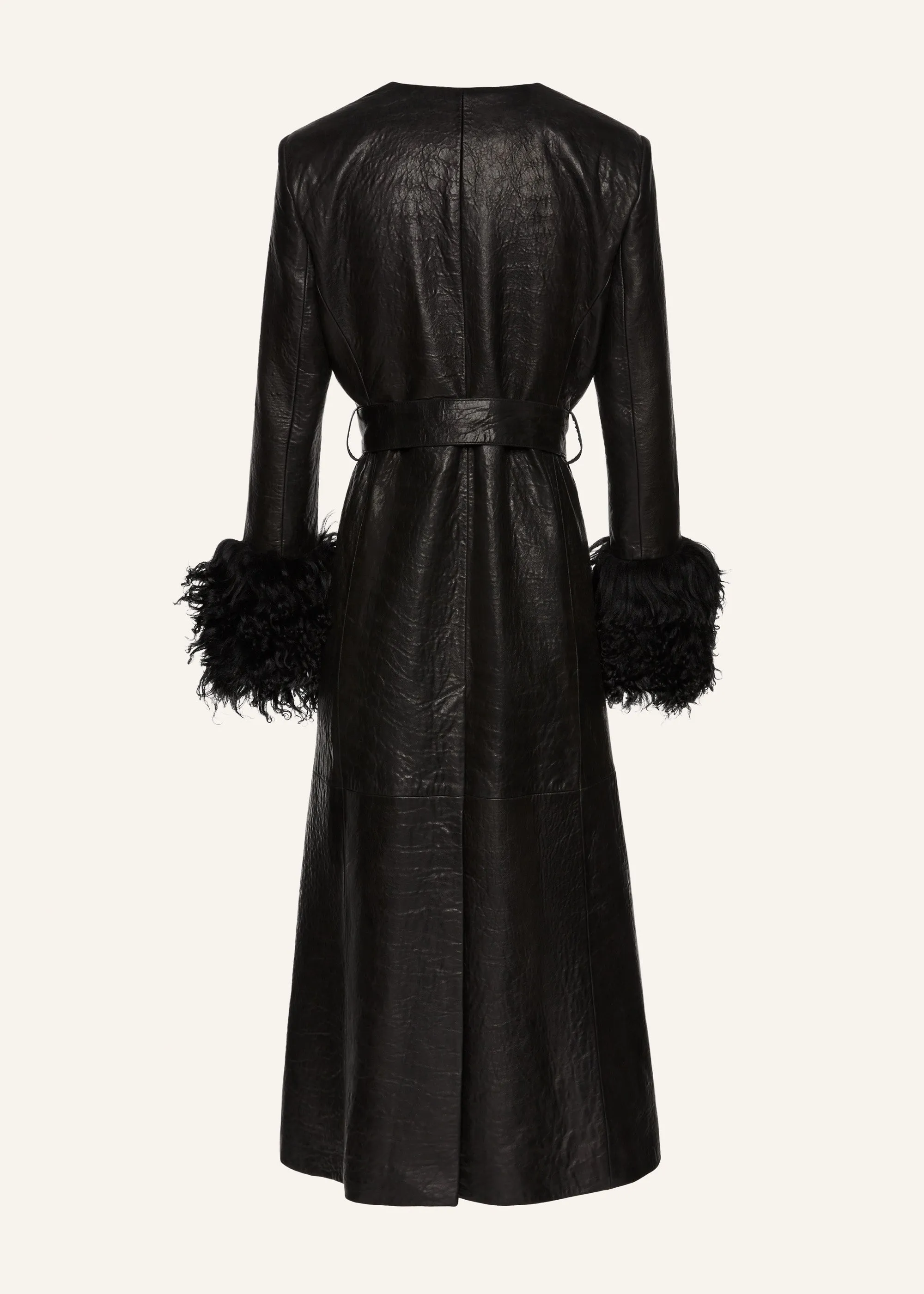 Longline shearling trim coat in black