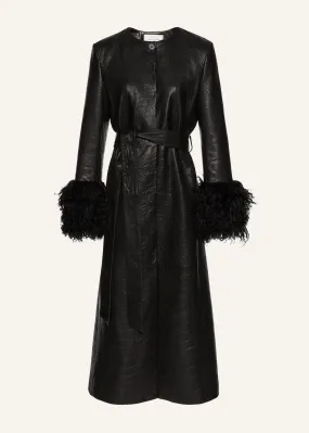 Longline shearling trim coat in black