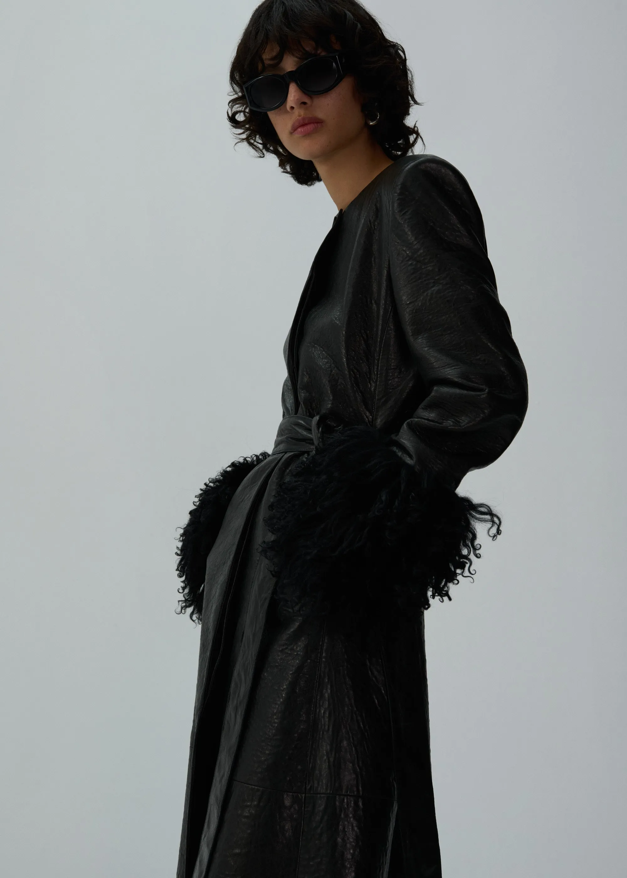 Longline shearling trim coat in black