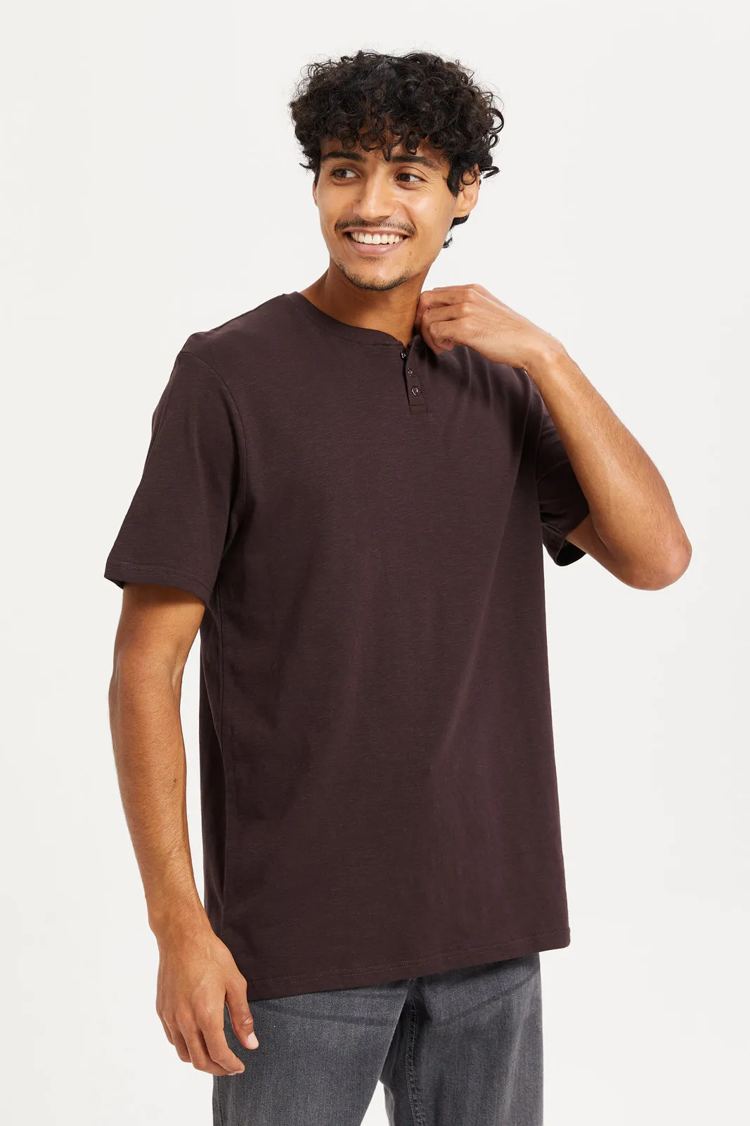 Men Burgundy Henley T-Shirt