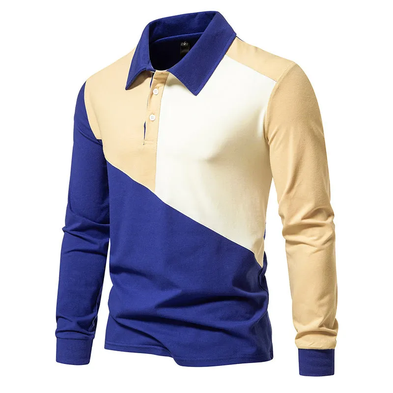 Men Turnover Collar Buttons Bicolor Long Sleeves T-Shirt