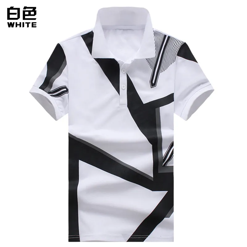 Men Turnover Collar Buttons Geometric Prints Short Sleeves T-Shirt