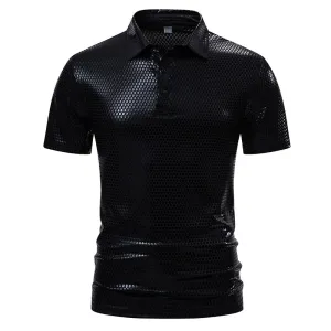 Men Turnover Collar Buttons Ombre Glossy Short Sleeves T-Shirt