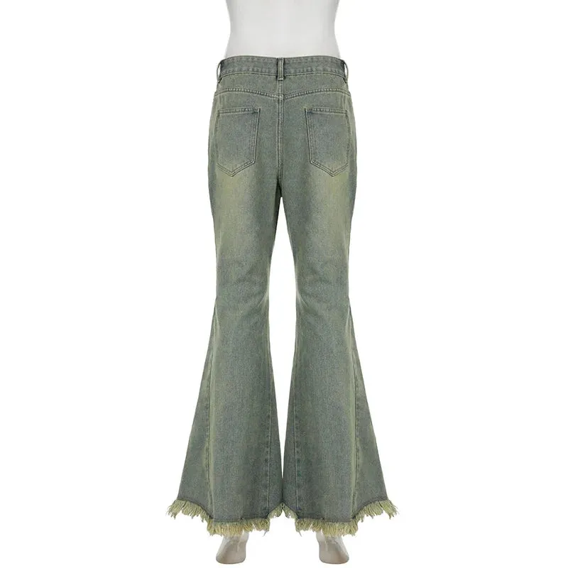 Metaversmall Y2K Streetwear Slim Tassel Distressed Flared Jeans Women Vintage Burr 2000s Aesthetic Denim Trousers Korean Capris