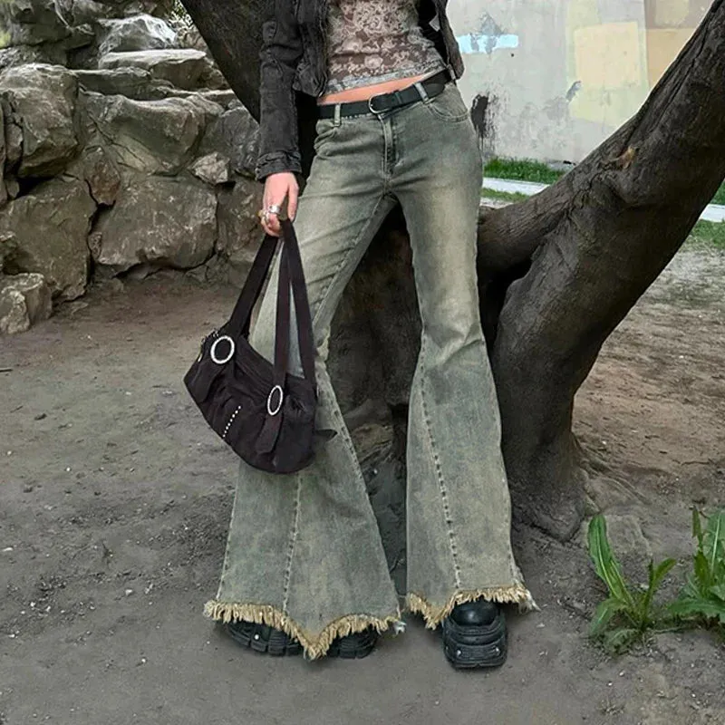 Metaversmall Y2K Streetwear Slim Tassel Distressed Flared Jeans Women Vintage Burr 2000s Aesthetic Denim Trousers Korean Capris