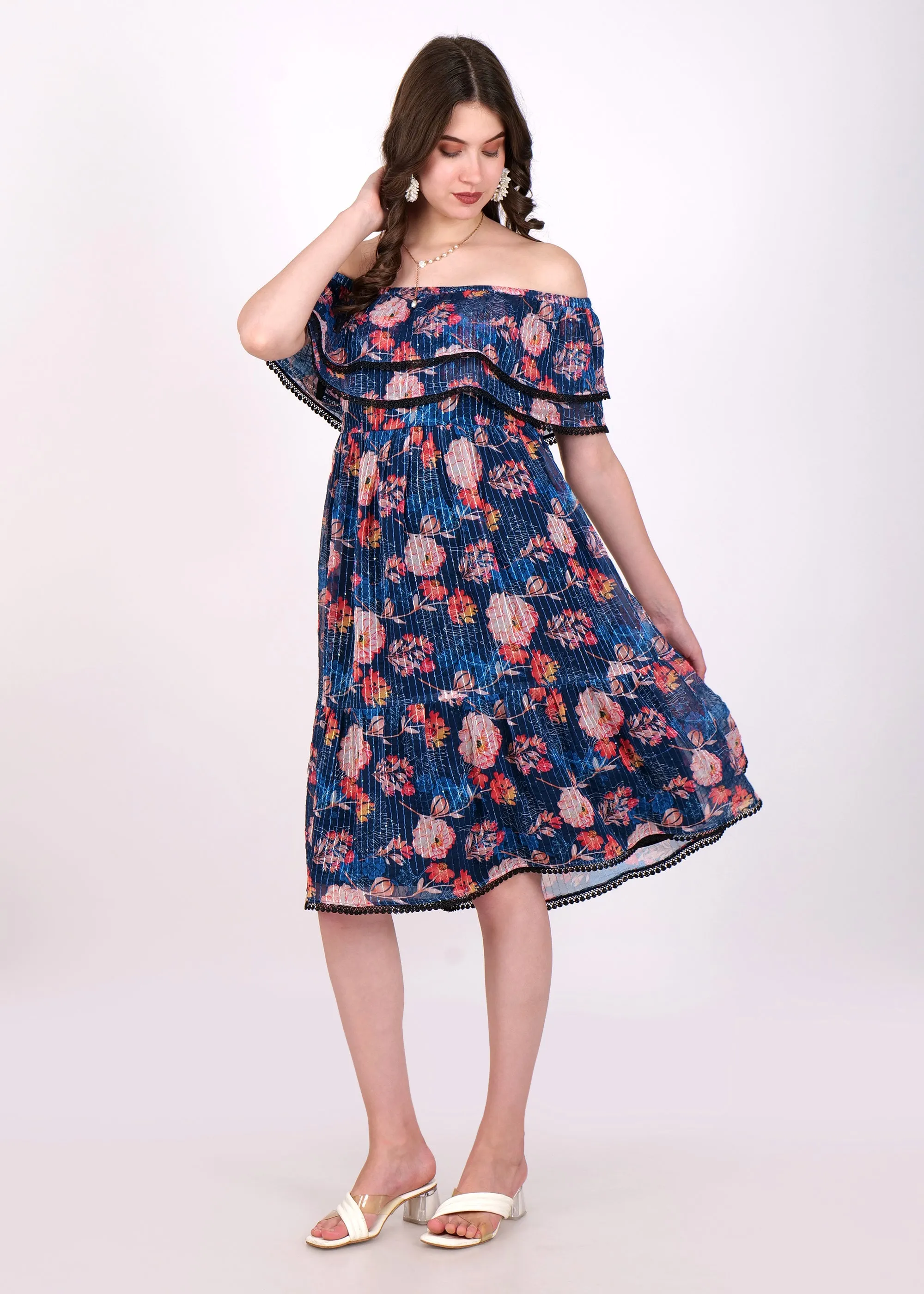 Midnight Blossom Off-Shoulder Dress