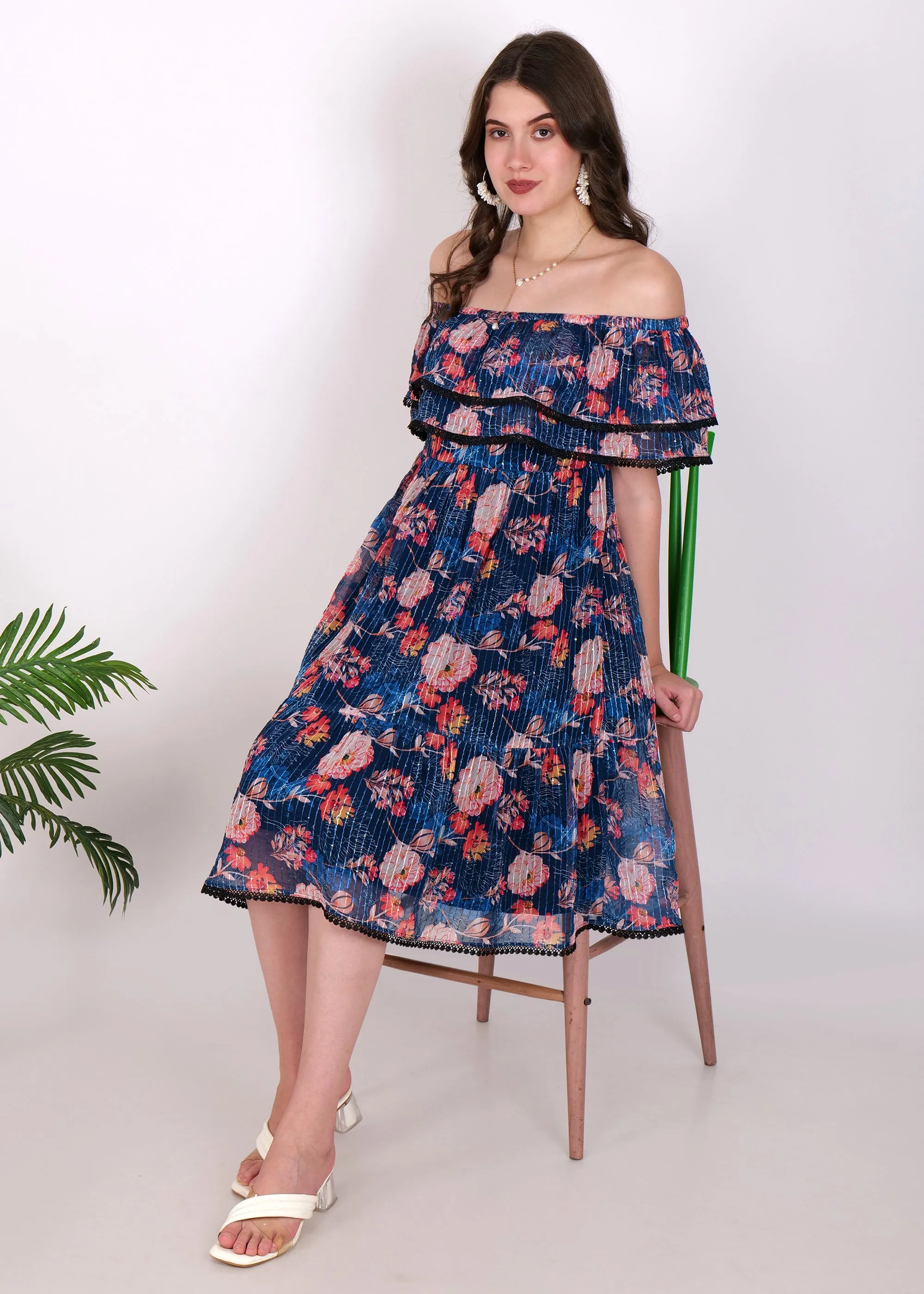 Midnight Blossom Off-Shoulder Dress