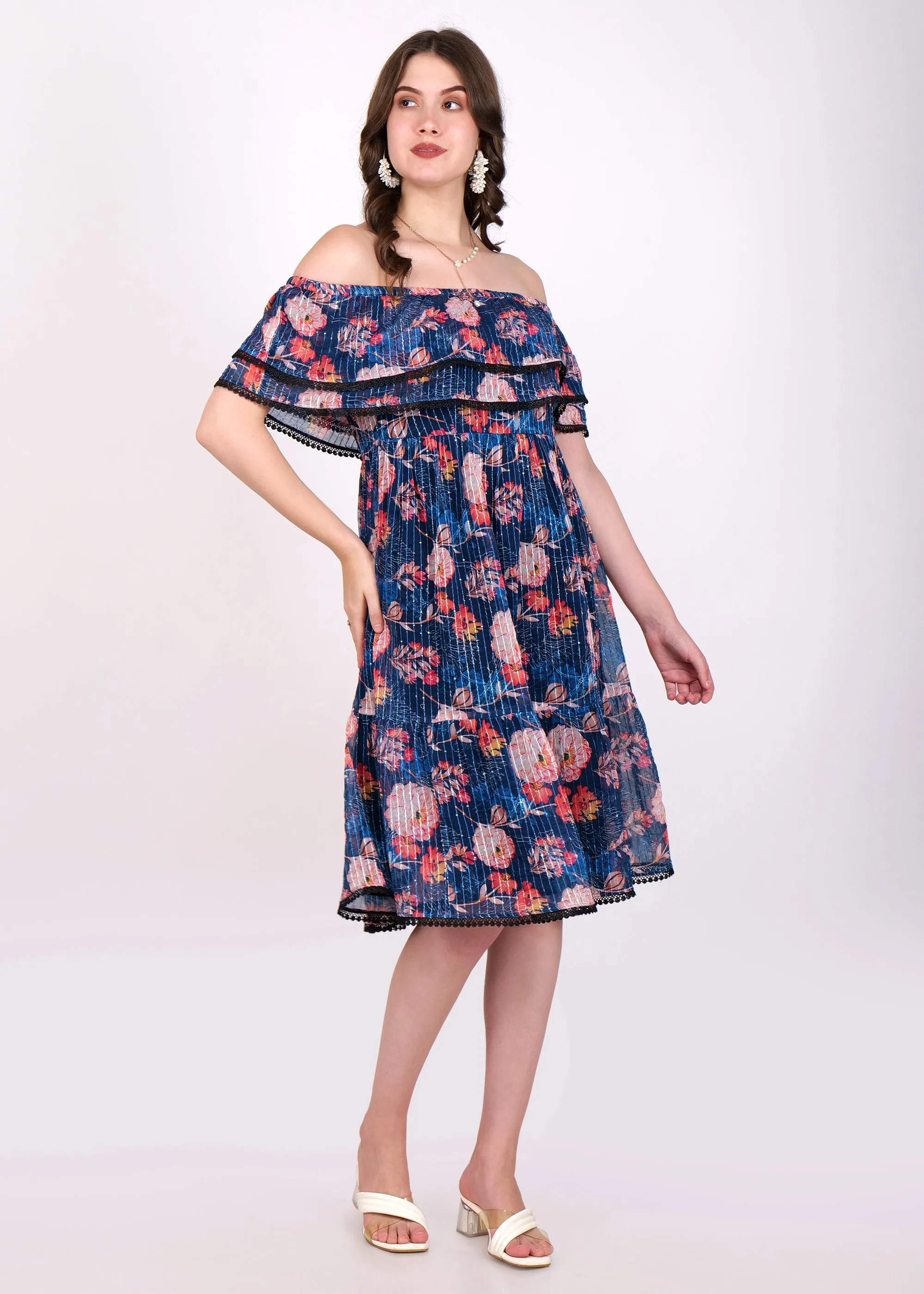 Midnight Blossom Off-Shoulder Dress