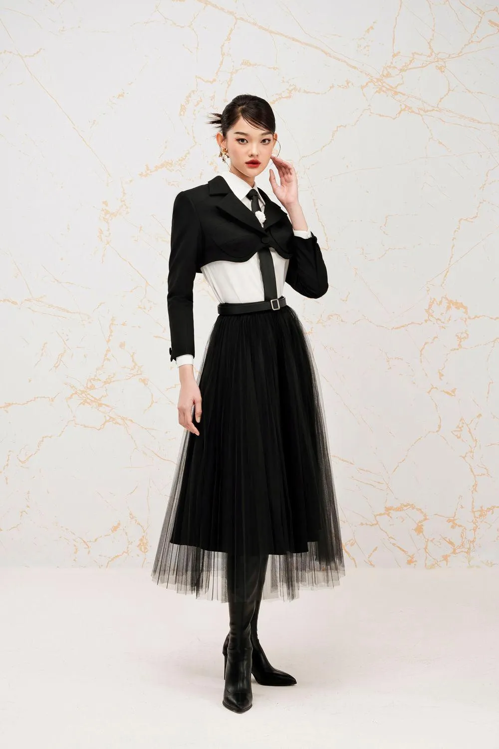 Morning Flared Layered Mesh Calf Length Skirt