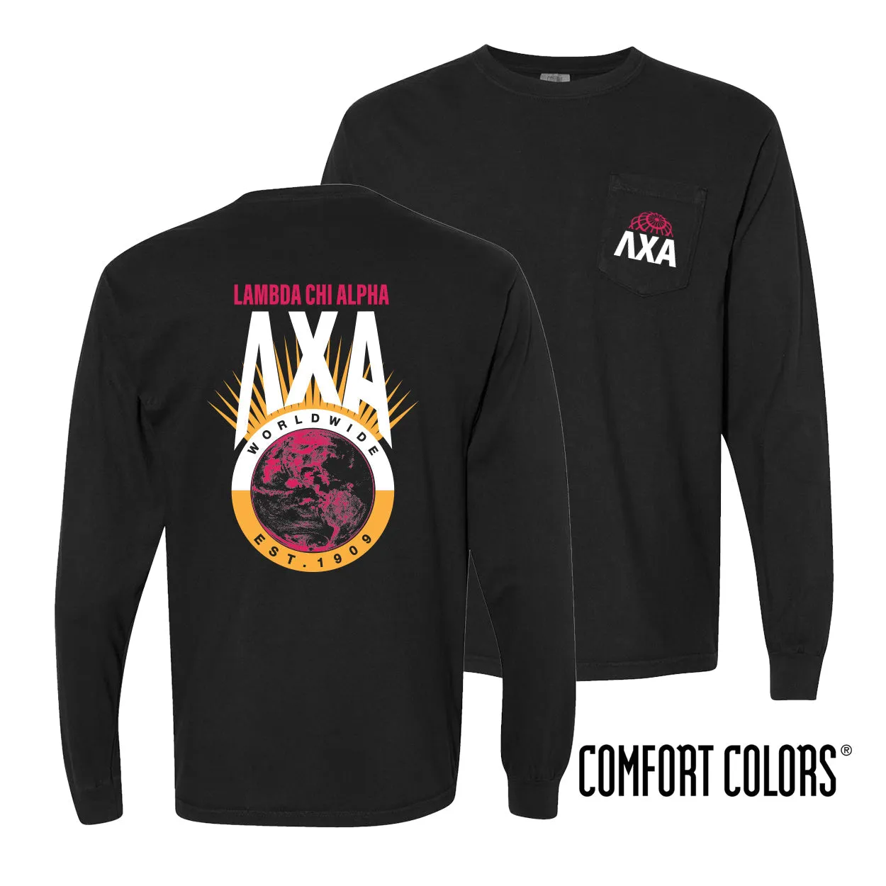 New! Lambda Chi Comfort Colors Retro Worldwide Long Sleeve Tee