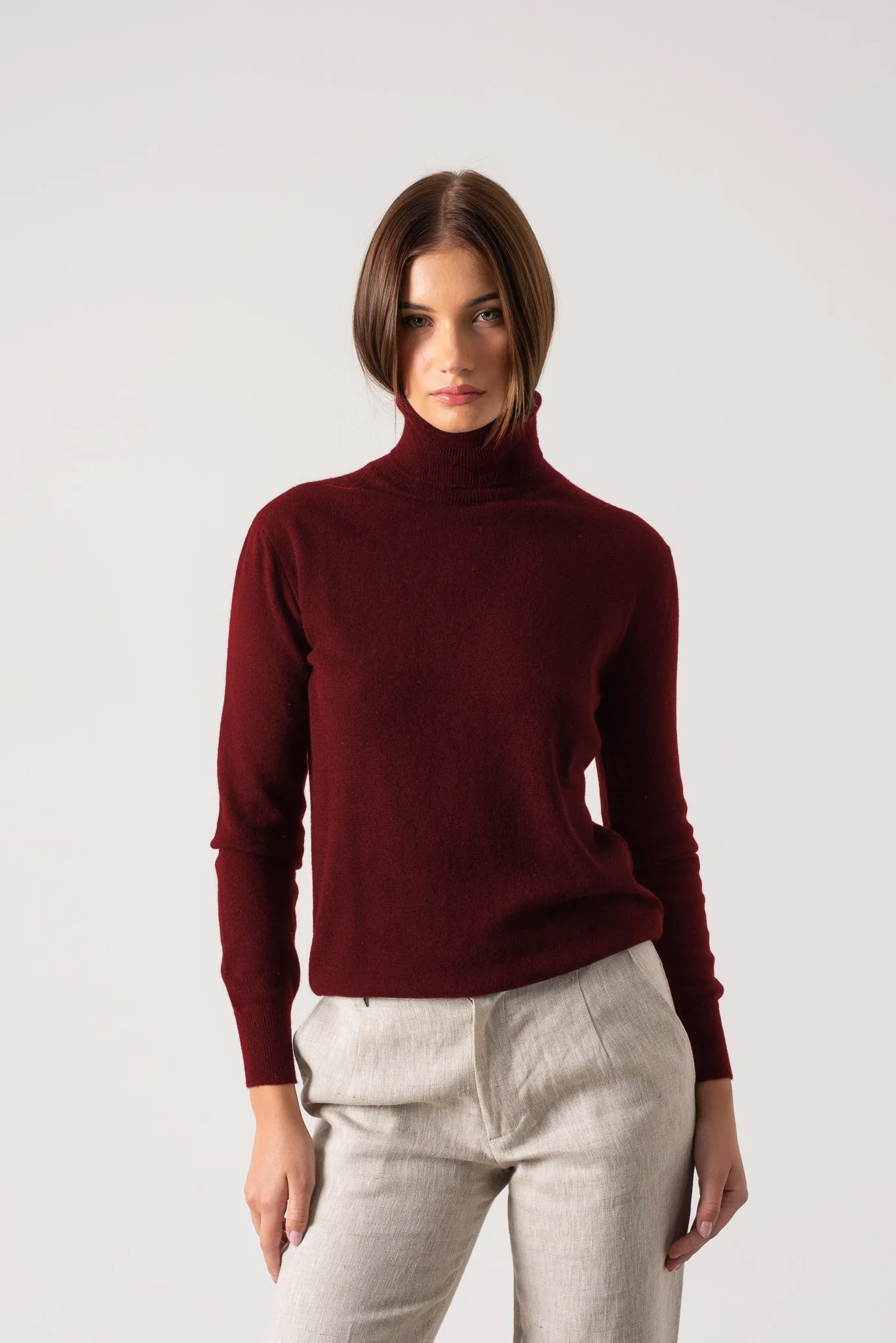 Ombra 100% Cashmere Turtleneck Sweater Red Bordeaux