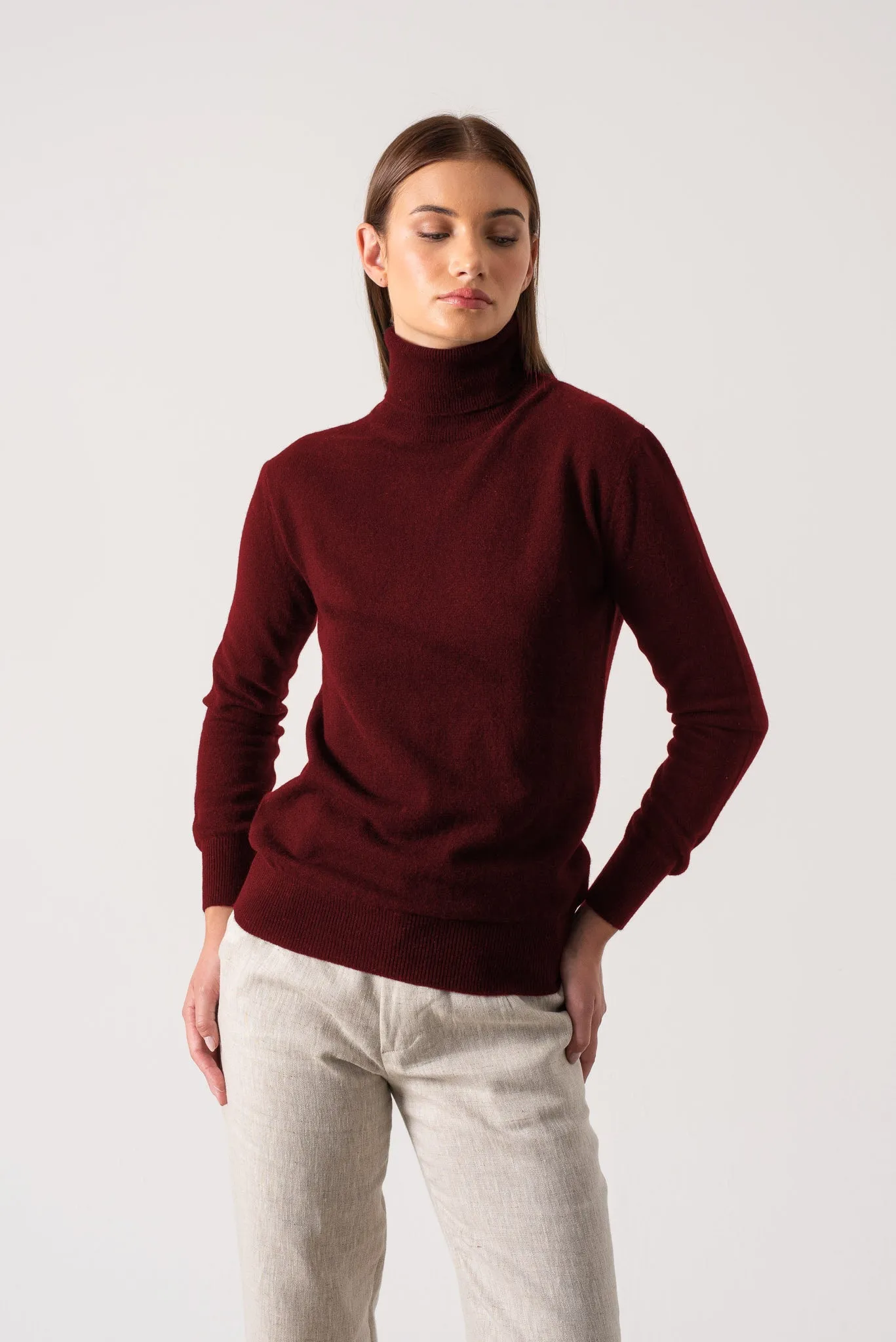 Ombra 100% Cashmere Turtleneck Sweater Red Bordeaux