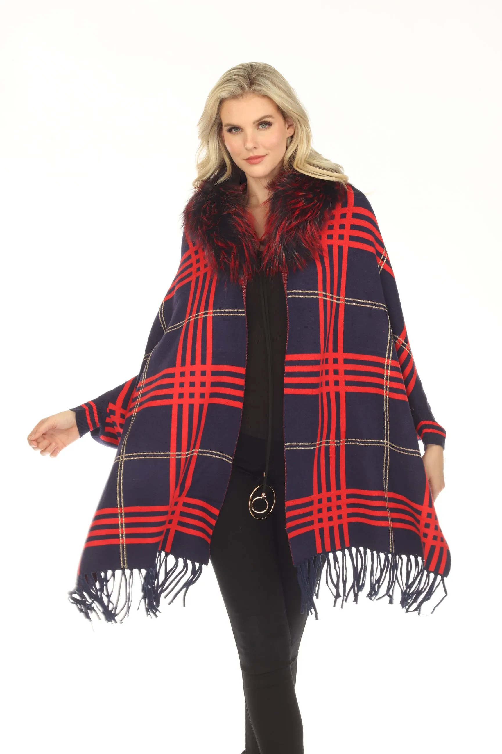 OO LA LA Navy Plaid Pattern Real Fur Collar Fringe Cape M1540