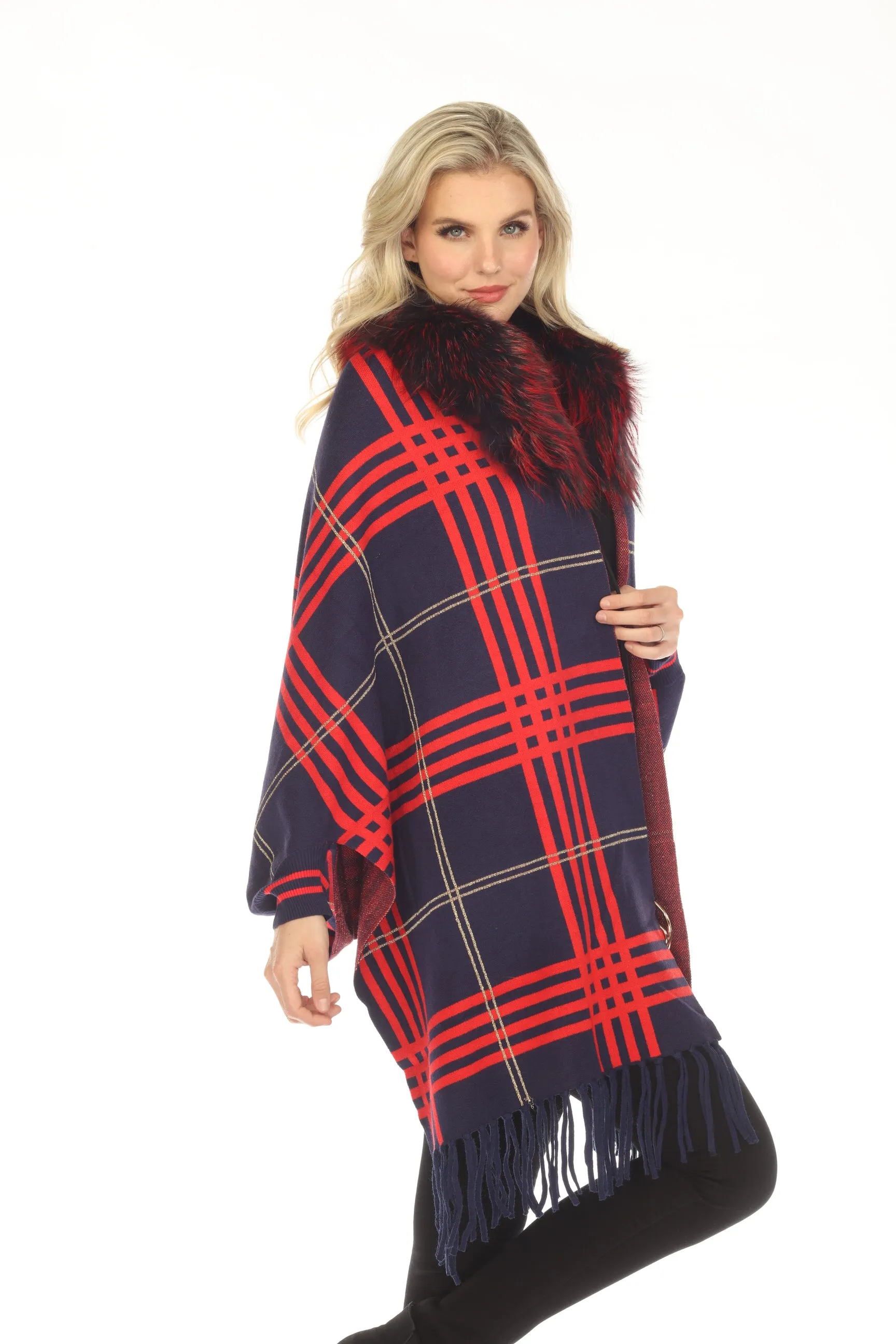 OO LA LA Navy Plaid Pattern Real Fur Collar Fringe Cape M1540