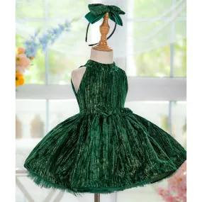 OT008 Dark green French style neck hanging velvet fluffy princess dress for girls one year old dress