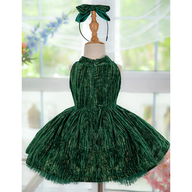 OT008 Dark green French style neck hanging velvet fluffy princess dress for girls one year old dress