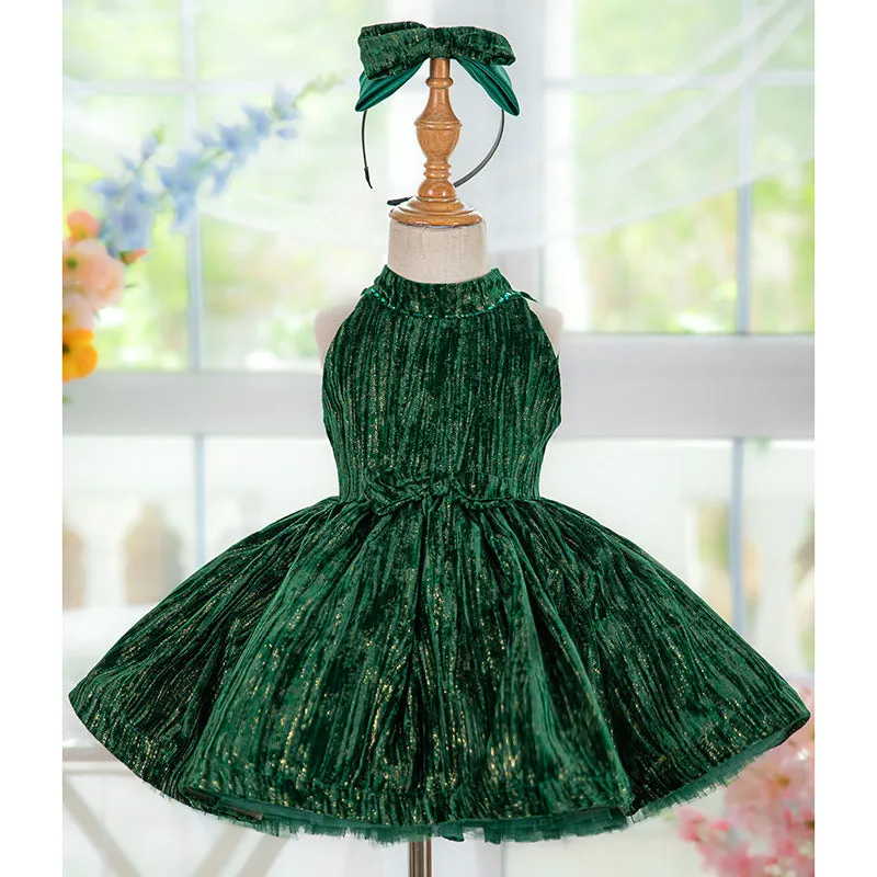 OT008 Dark green French style neck hanging velvet fluffy princess dress for girls one year old dress