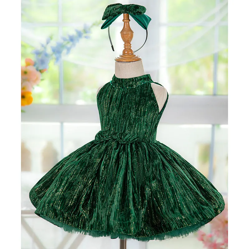 OT008 Dark green French style neck hanging velvet fluffy princess dress for girls one year old dress