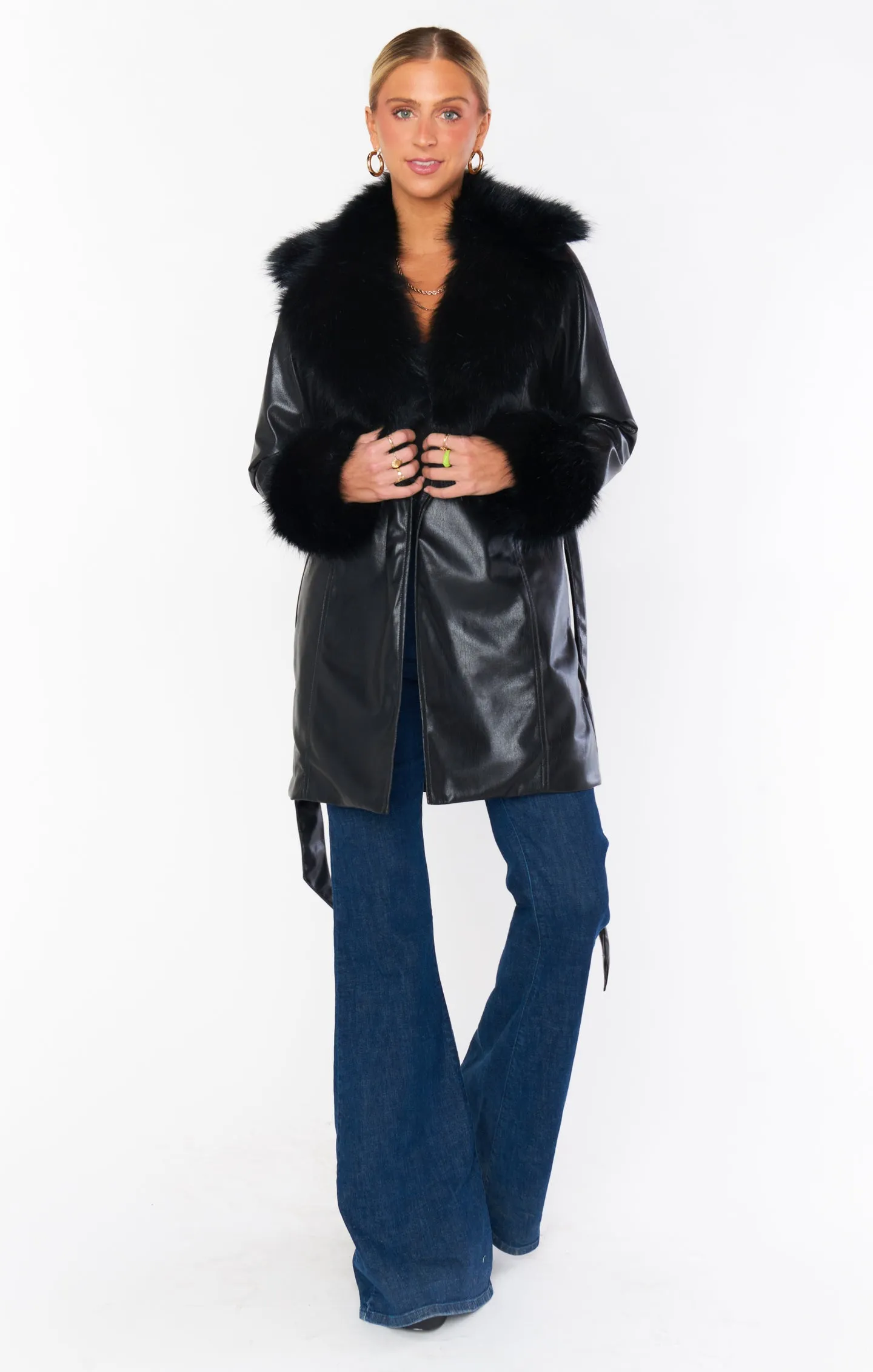 Penny Lane Coat ~ Black Faux Leather with Faux Fur