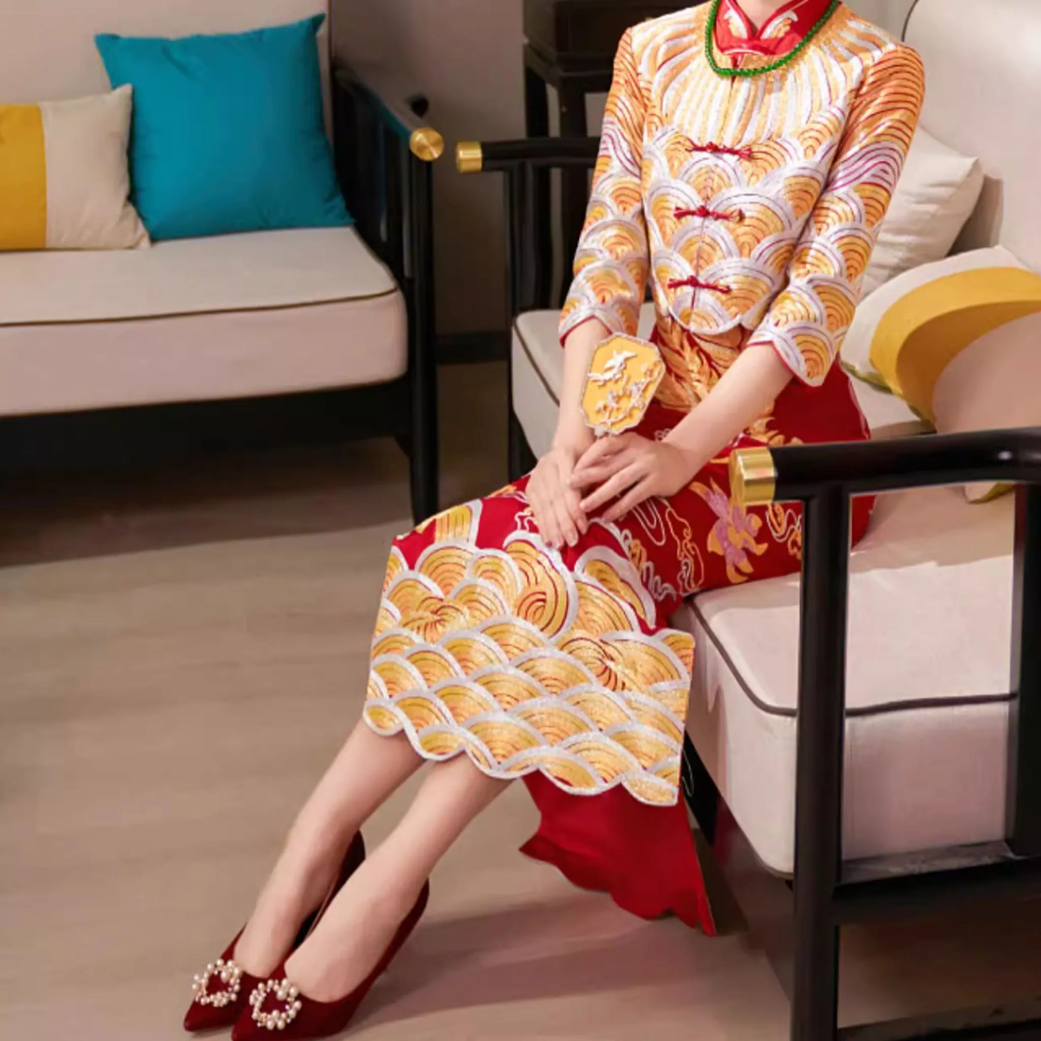 Phoenix Royal Gold Qipao Wedding Dress Xiuhefu