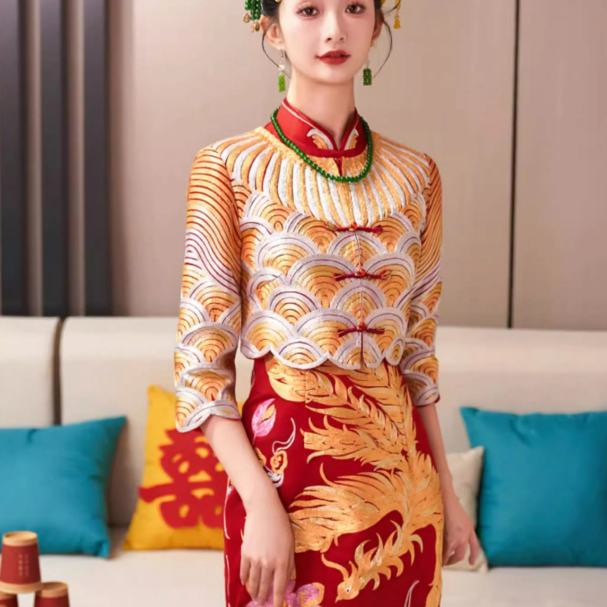 Phoenix Royal Gold Qipao Wedding Dress Xiuhefu