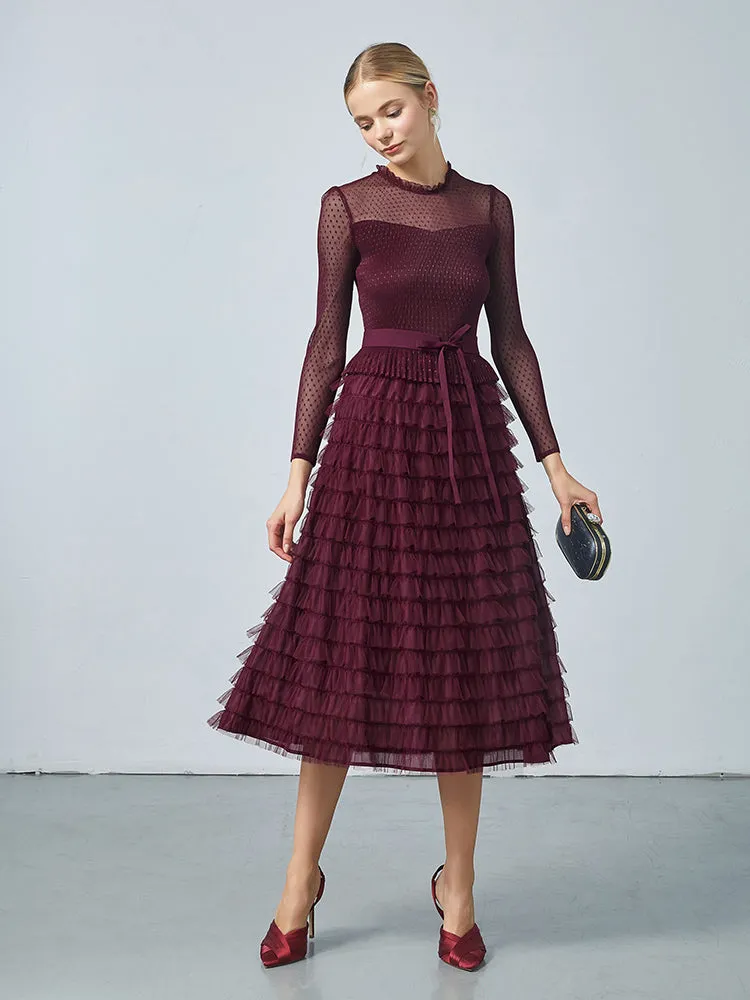 Pleated Tiered Sheer Sleeve Cake Midi Dress