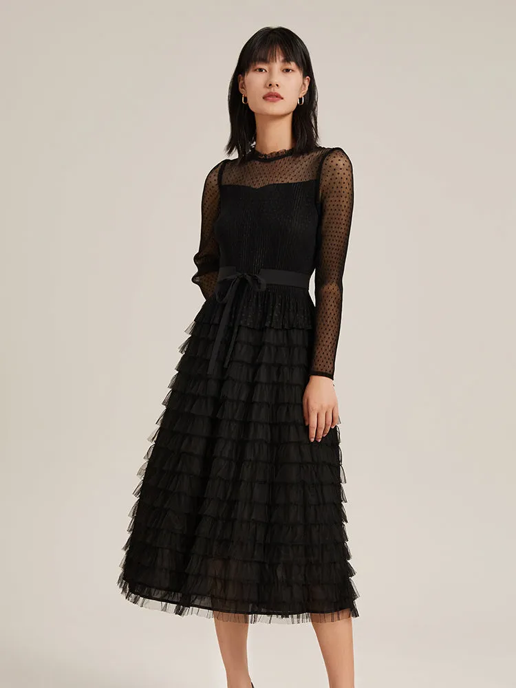 Pleated Tiered Sheer Sleeve Cake Midi Dress