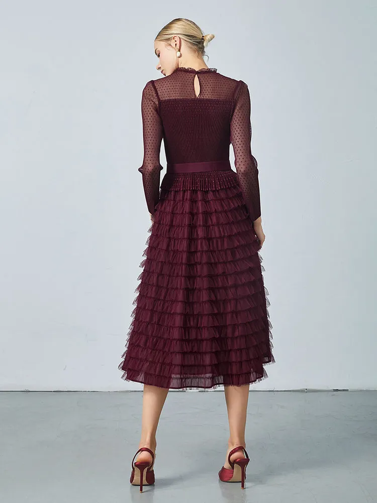 Pleated Tiered Sheer Sleeve Cake Midi Dress