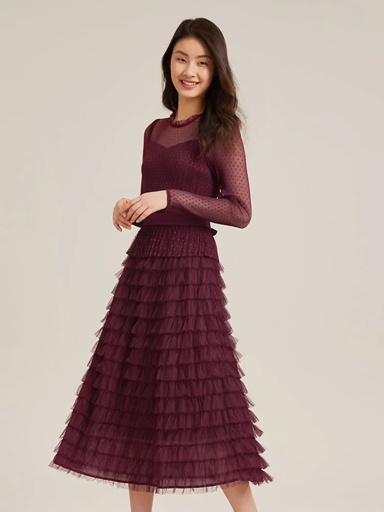 Pleated Tiered Sheer Sleeve Cake Midi Dress