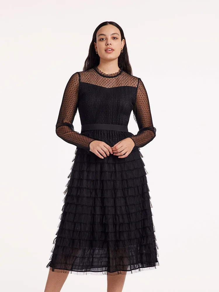 Pleated Tiered Sheer Sleeve Cake Midi Dress