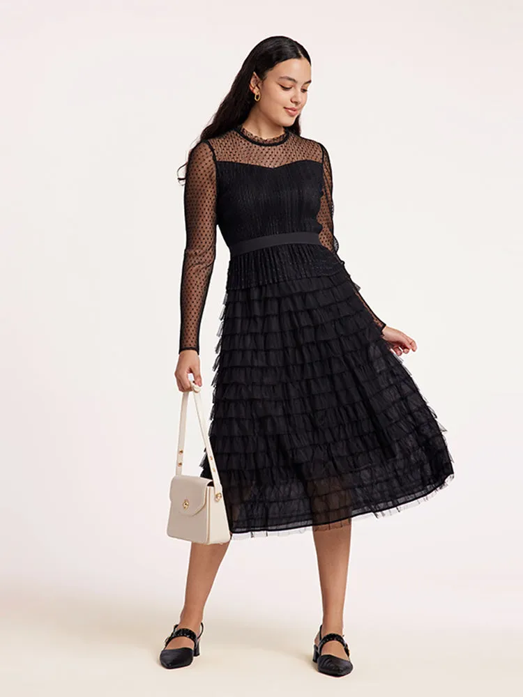 Pleated Tiered Sheer Sleeve Cake Midi Dress