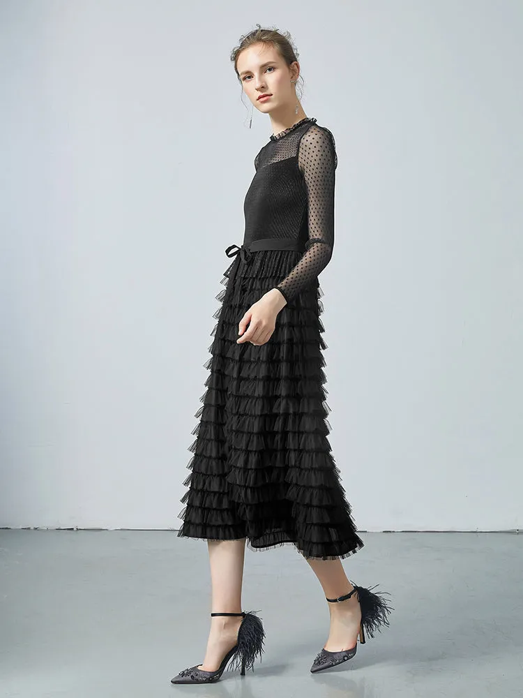 Pleated Tiered Sheer Sleeve Cake Midi Dress