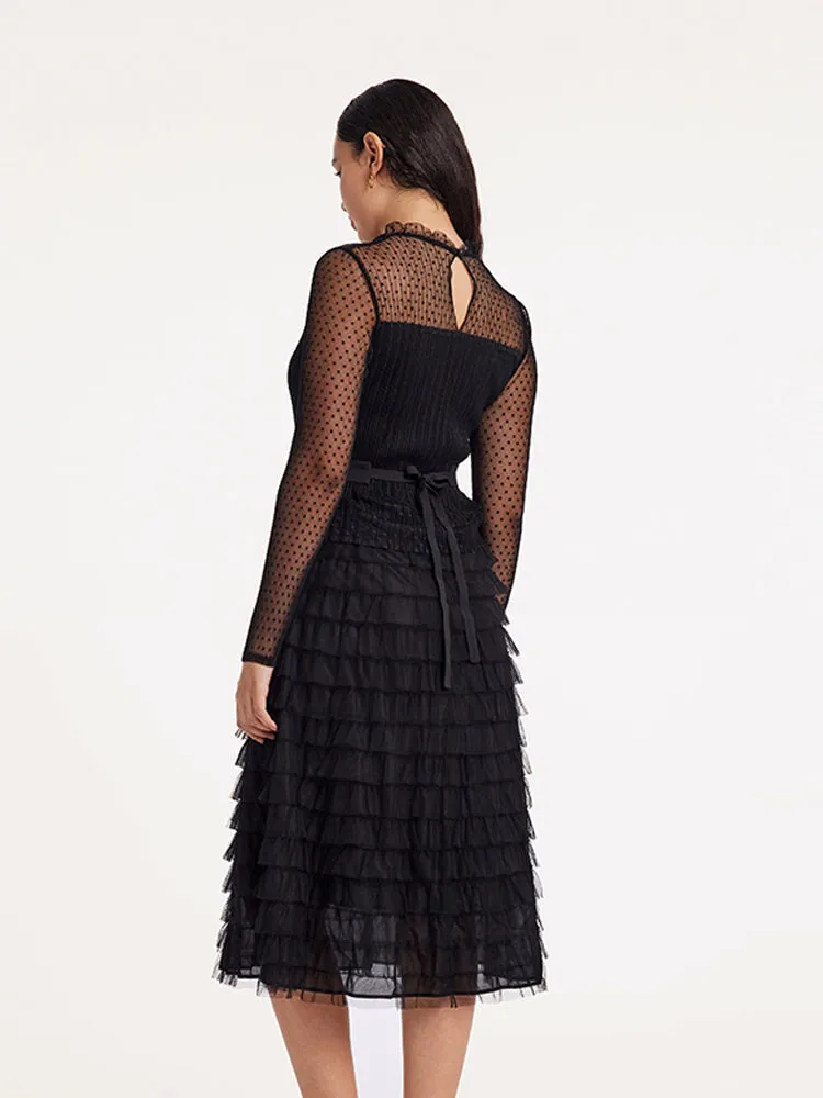 Pleated Tiered Sheer Sleeve Cake Midi Dress