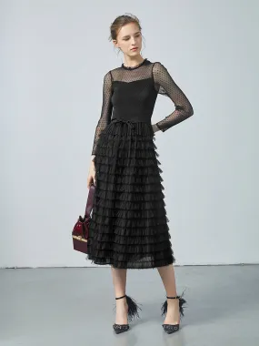 Pleated Tiered Sheer Sleeve Cake Midi Dress