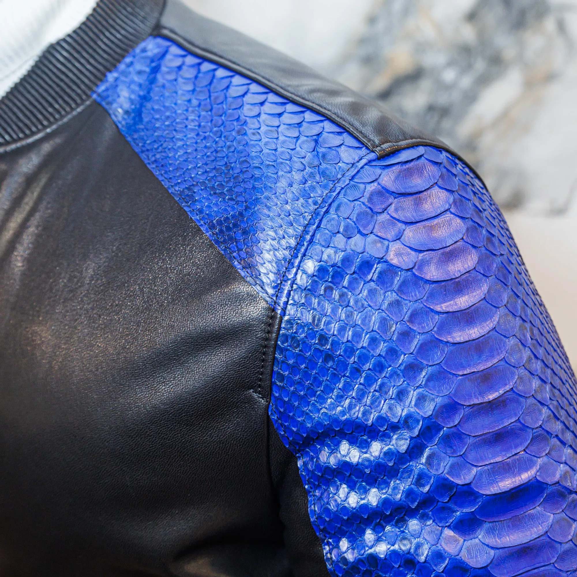 Python and Lambskin Leather Jacket - Blue/Black