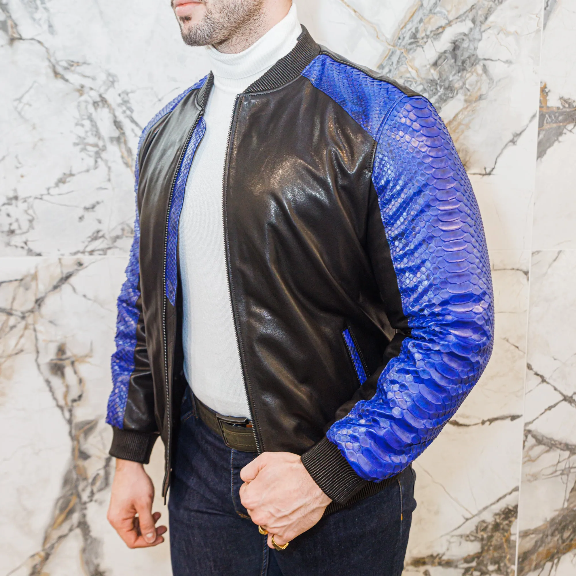 Python and Lambskin Leather Jacket - Blue/Black