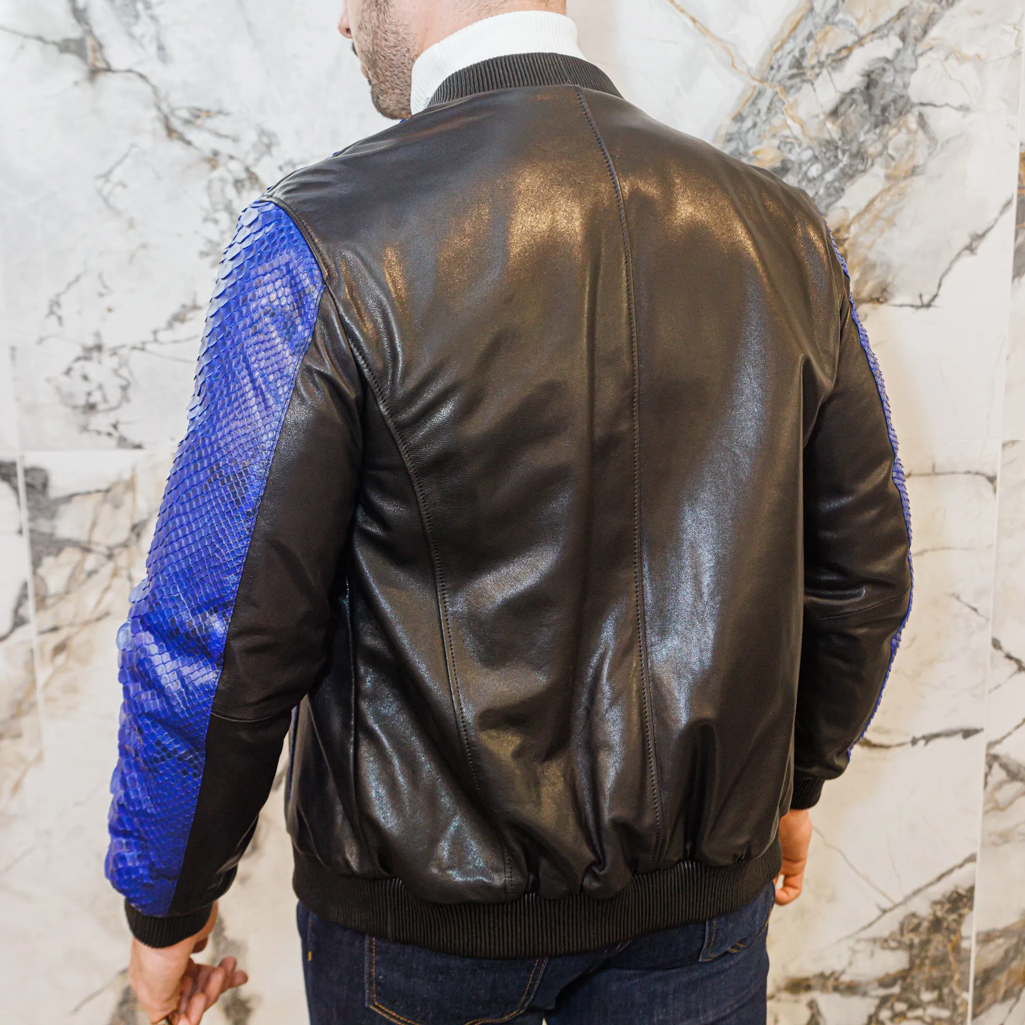 Python and Lambskin Leather Jacket - Blue/Black