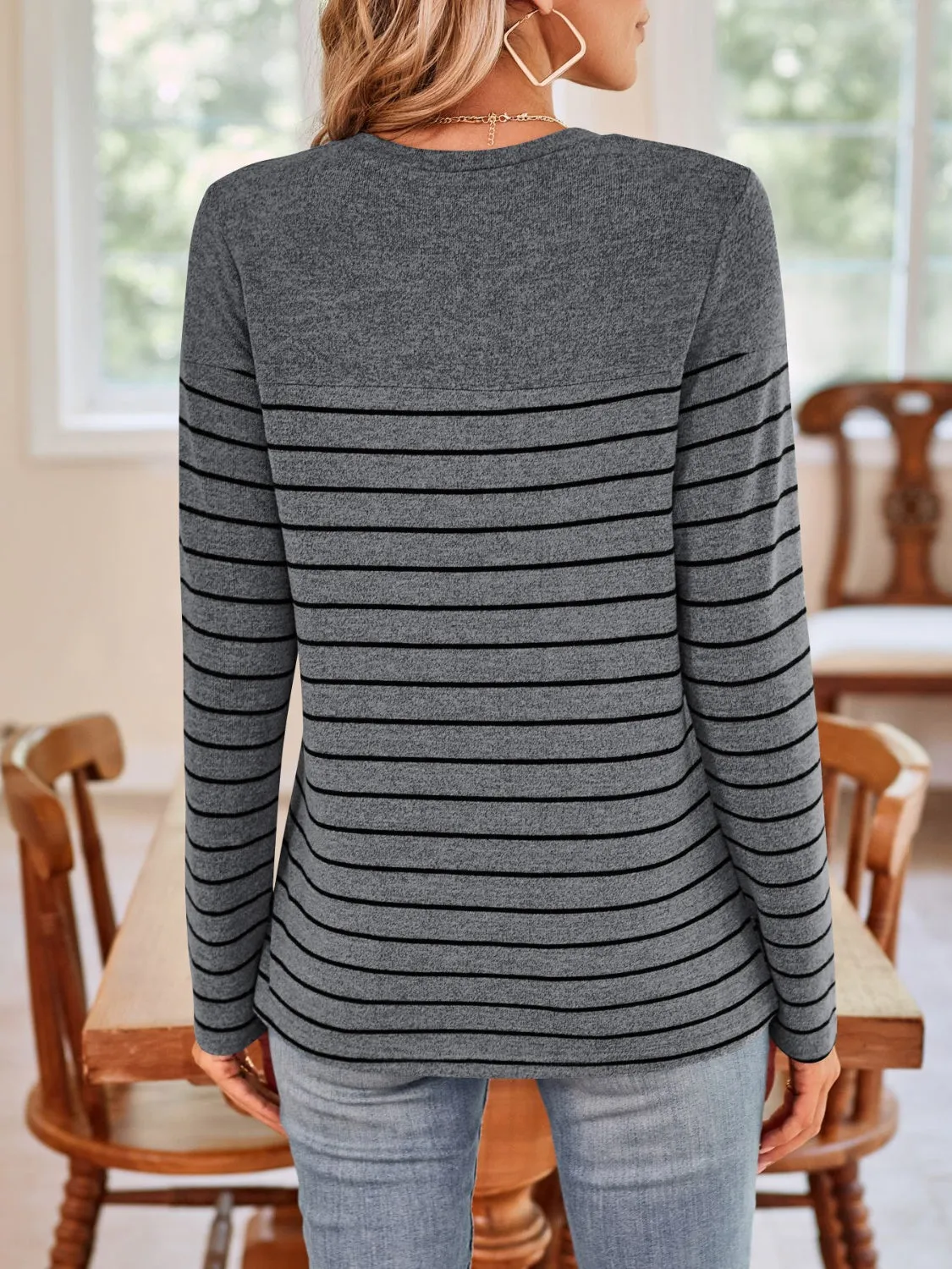 Quarter Button Striped Round Neck Long Sleeve T-Shirt