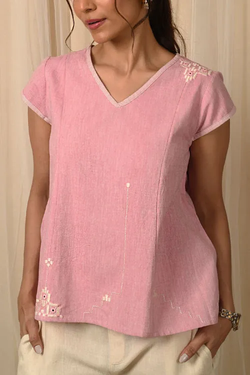 Rangsutra Baori Pink Hand Embroidered V Neck Top