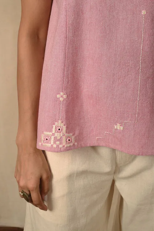 Rangsutra Baori Pink Hand Embroidered V Neck Top