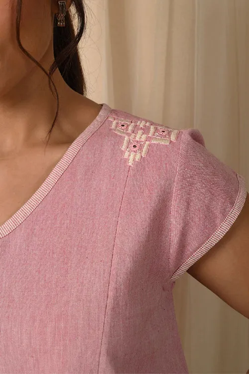 Rangsutra Baori Pink Hand Embroidered V Neck Top