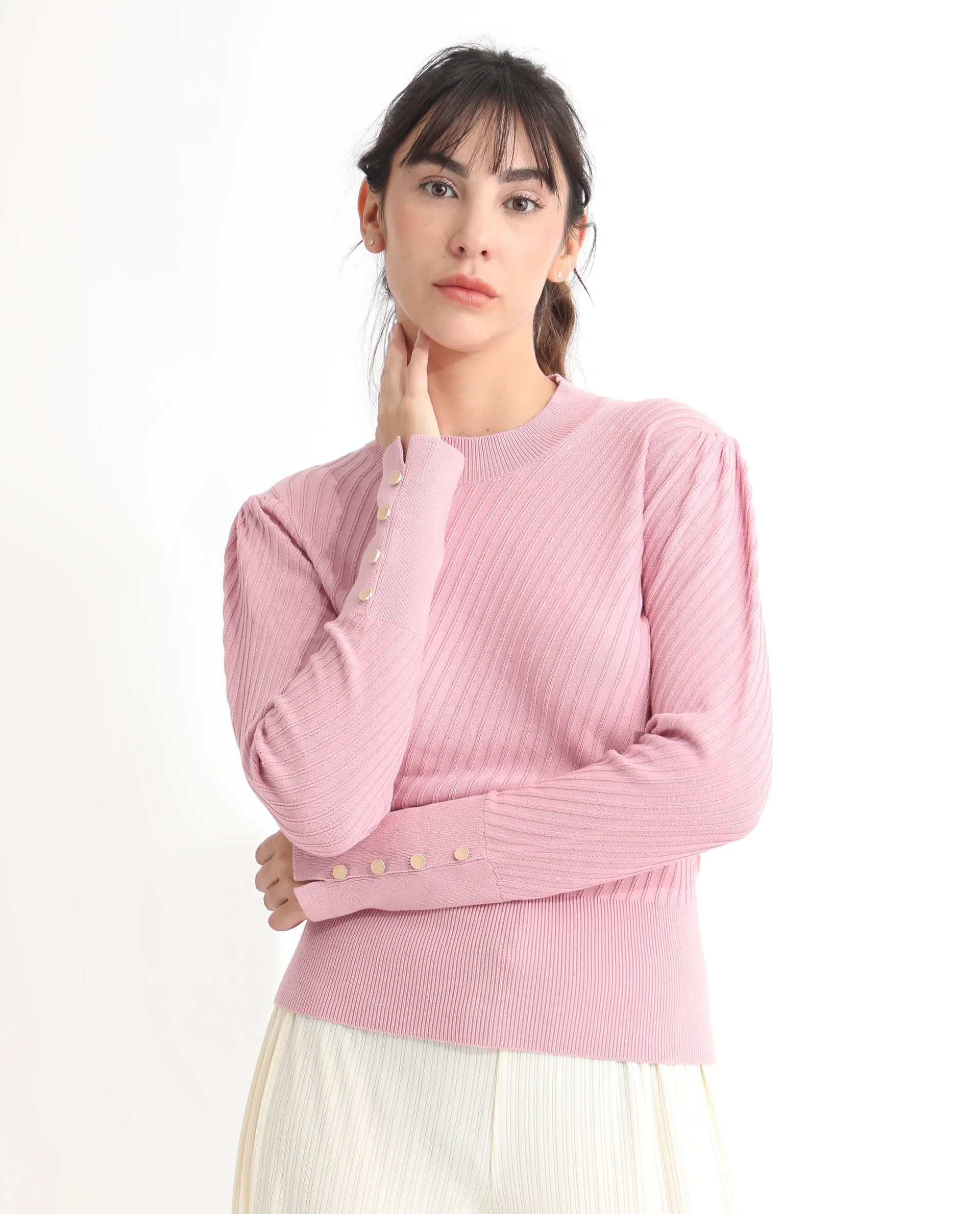 Rareism Women Fischer Pink Viscose Fabric Full Sleeves Knee Length Regular Fit Solid High Neck Sweater