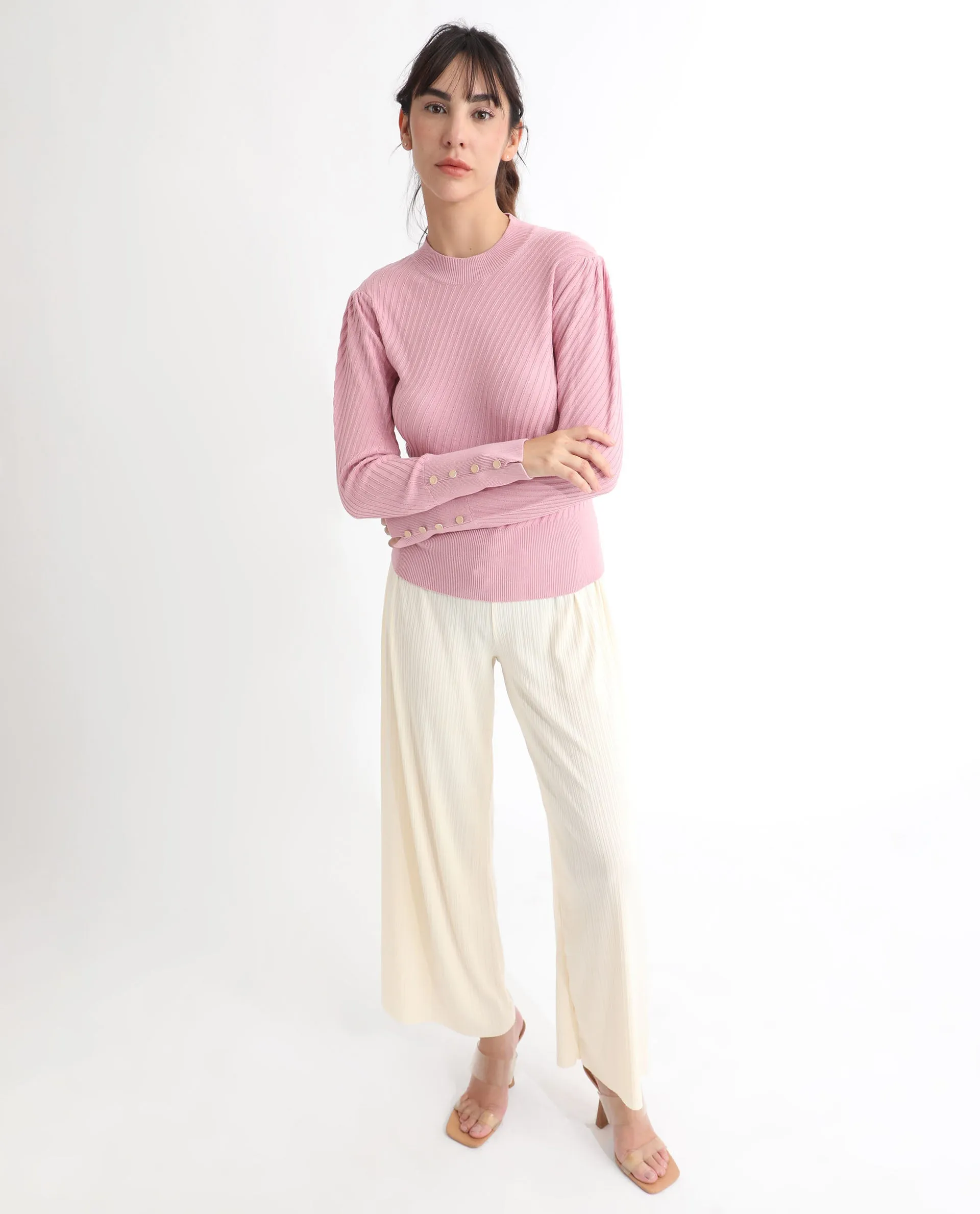 Rareism Women Fischer Pink Viscose Fabric Full Sleeves Knee Length Regular Fit Solid High Neck Sweater