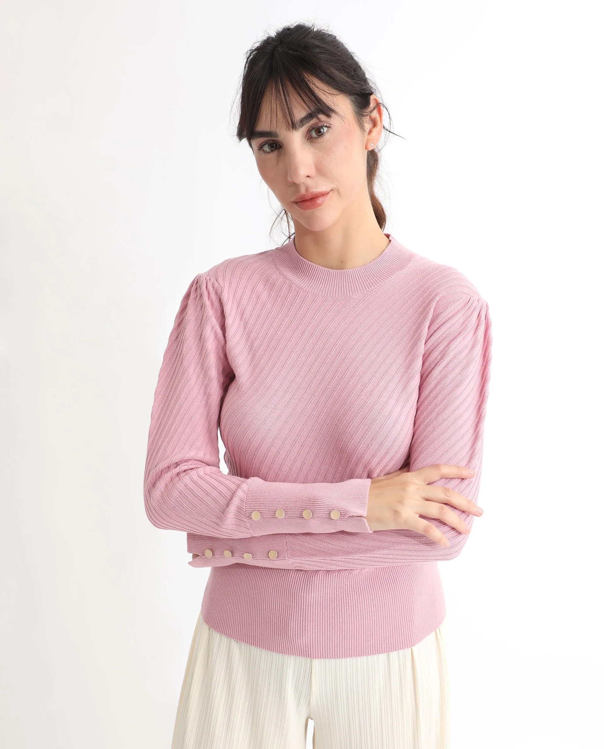 Rareism Women Fischer Pink Viscose Fabric Full Sleeves Knee Length Regular Fit Solid High Neck Sweater