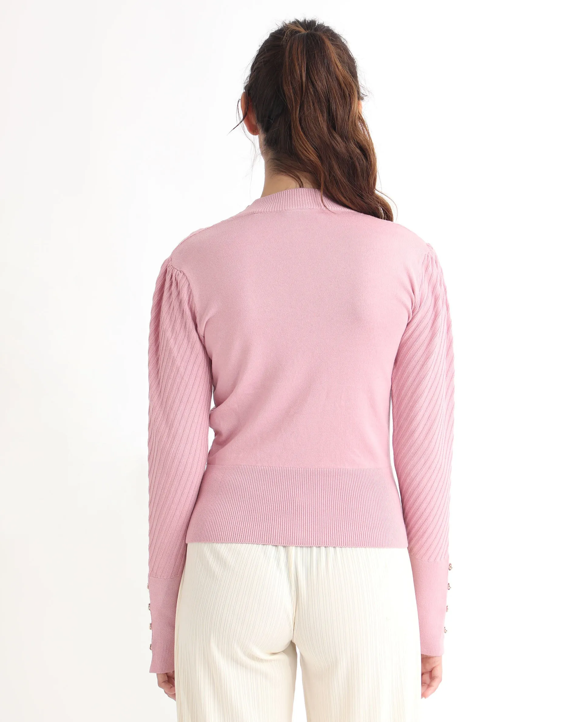 Rareism Women Fischer Pink Viscose Fabric Full Sleeves Knee Length Regular Fit Solid High Neck Sweater