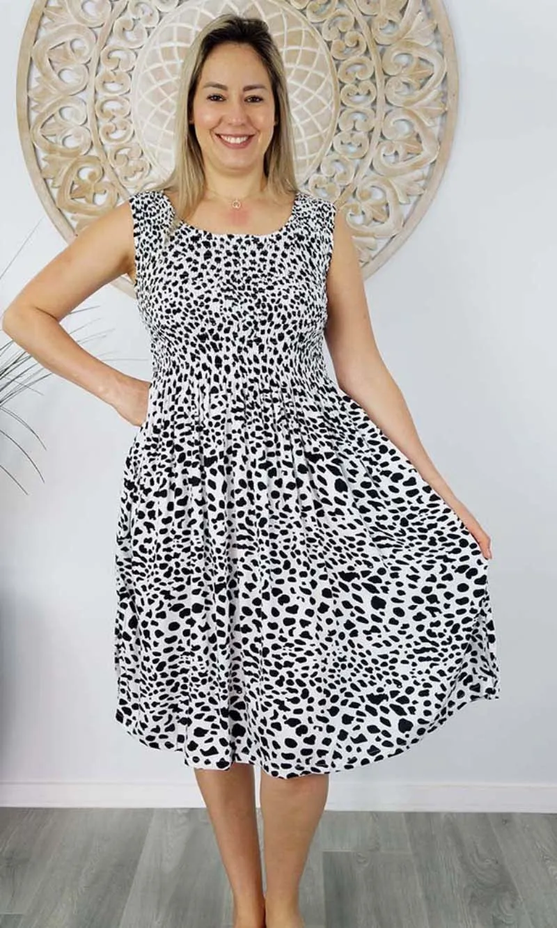 Rayon Dress Singlet Smock Spotty White/Black